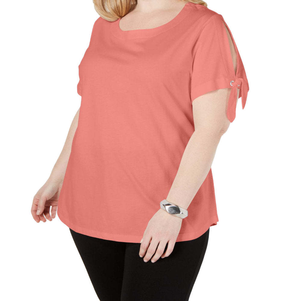 Karen Scott Womens Plus Size Slit Sleeve T-Shirt,Coral Lining,1X